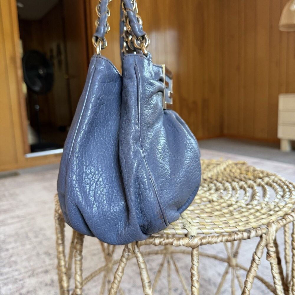 FENDI Crinkled Lambskin Mia Tote Blue Gray Leather Shoulder Handbag Authentic - Picture 6 of 16